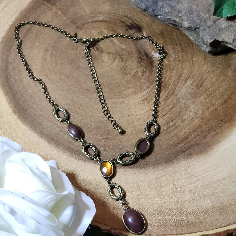 Vintage Y Necklace Signed SAQ Amber Colored And Wood Grain Embellishments